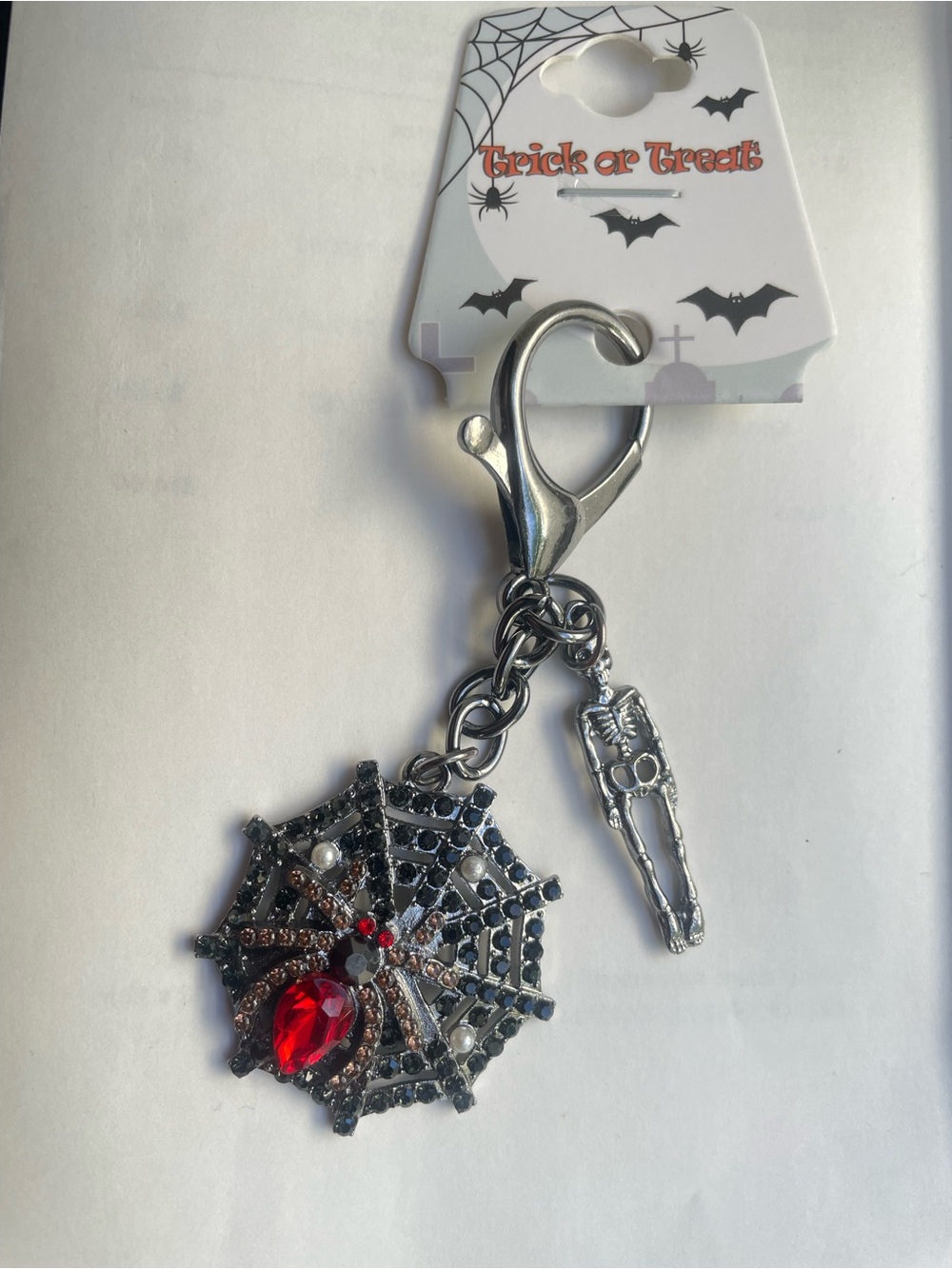 Silver Spider Web Keychain with Red Gem Keychain Bag Charm